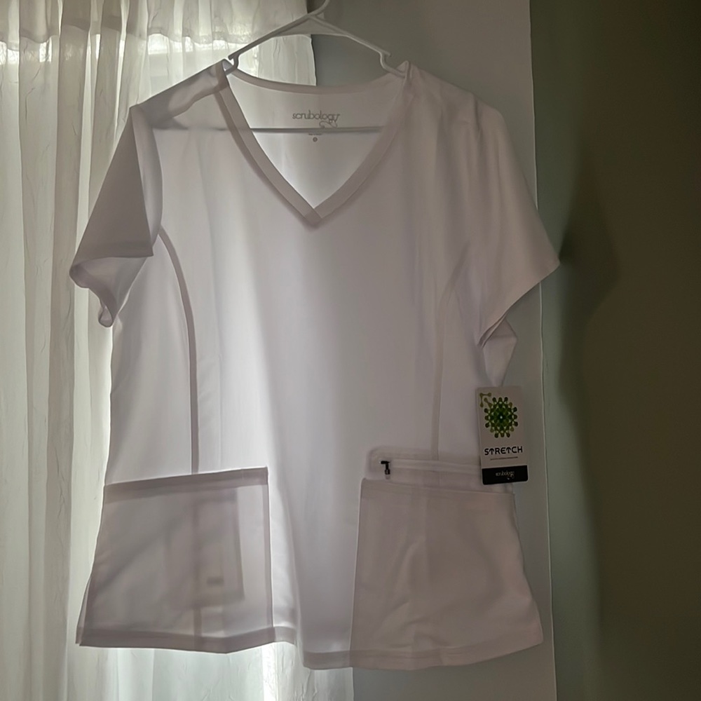 Scrubology stretch V- neck white scrub top.